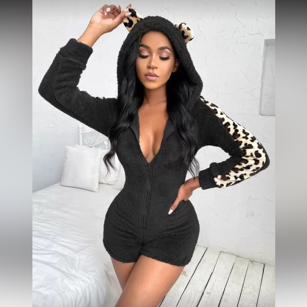 SHEIN Black and Leopard Print Hooded Pajama Romper